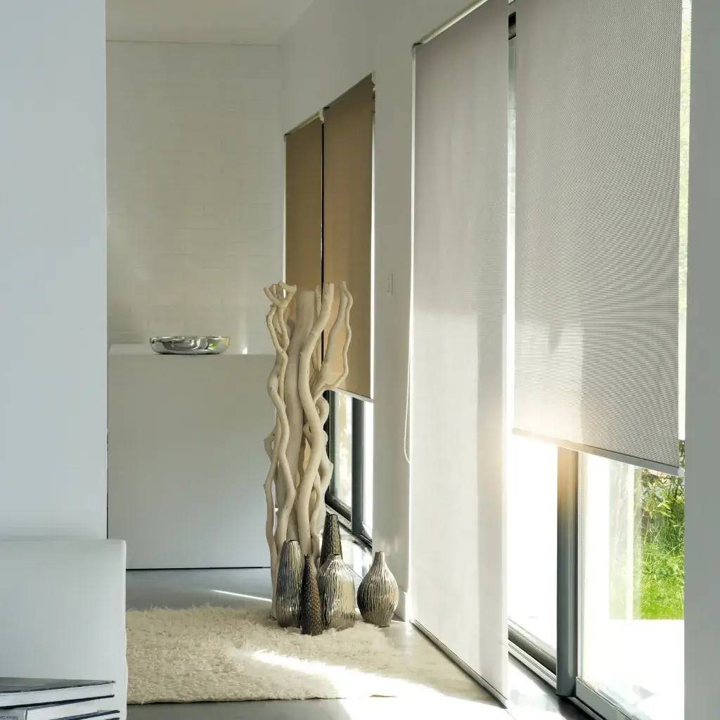 Cette image montre un intérieur moderne et lumineux avec des stores enrouleurs, un sol en béton poli et une décoration minimaliste de vases et branches