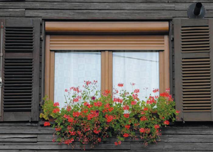 Volet roulant marron sur fenêtre fleurie
