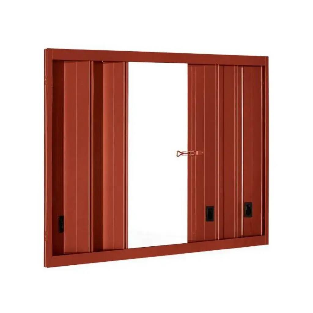 Fenêtre coulissante en métal rouge avec deux panneaux latéraux.