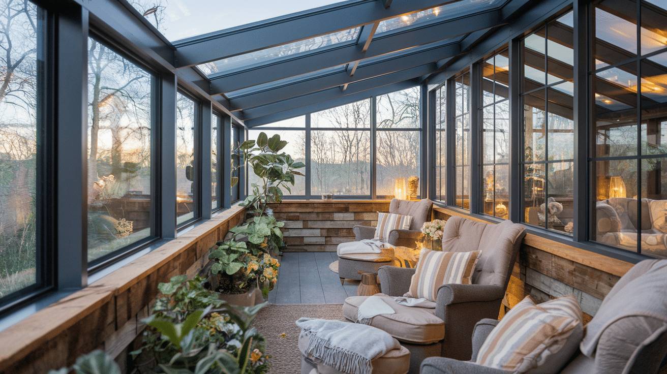 Véranda moderne en verre avec mobilier confortable plantes vertes et muret en bois