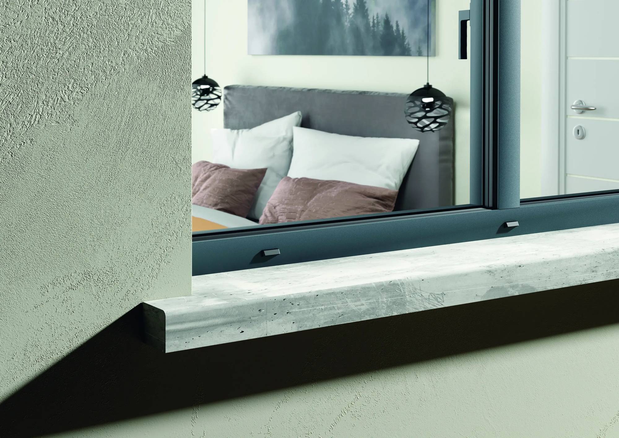 Vue à travers une fenêtre moderne avec rebord en béton, montrant une chambre contemporaine avec un lit à coussins mauves et des suspensions