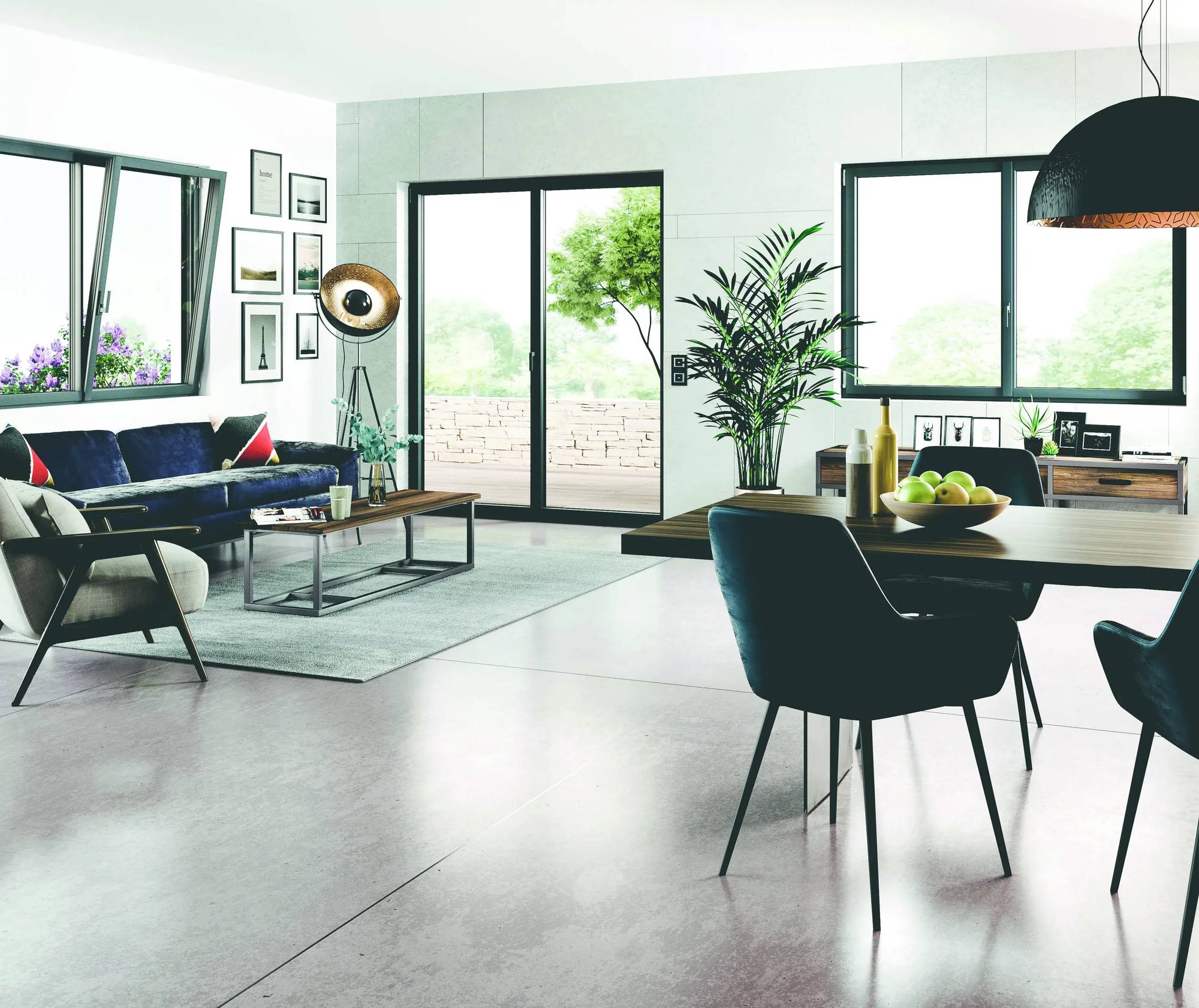 Un salon moderne et lumineux avec une décoration épurée, un canapé bleu, des fenêtres et portes vitrées donnant sur un espace extérieur verdoyant.